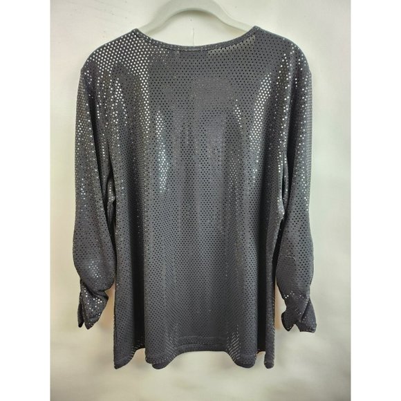 Susan Graver Black Sequined Liquid Knit Ruched Sleeve Top Size Large - Picture 5 of 6